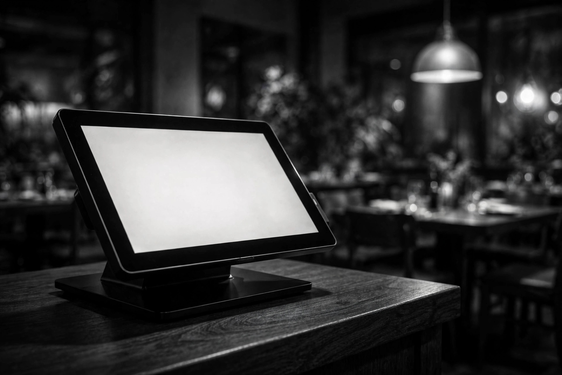 A black point-of-sale terminal on a restaurant counter